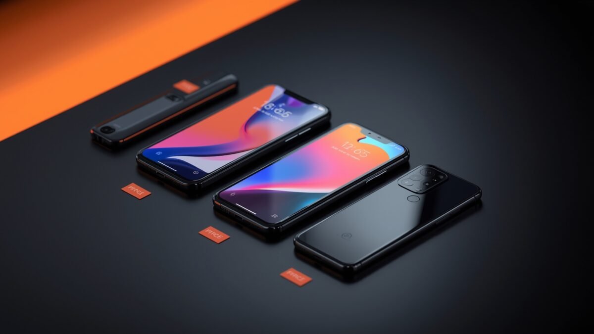 Smartphones modernos dispostos sobre uma superfície escura com reflexos laranja em estilo Shopee, iluminação cinematográfica e foco realista.