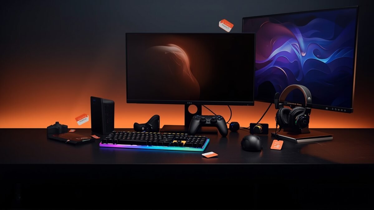 Notebooks modernos em uma mesa elegante com iluminação suave e reflexos laranja estilo Shopee. Imagem fotorealista em alta definição.