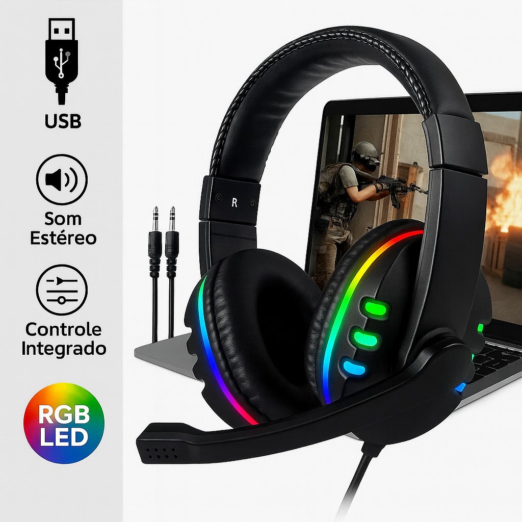 Fone Gamer Led RGB Headset com microfone USB e P2 Para PC Computador Celular Headphone Videogam