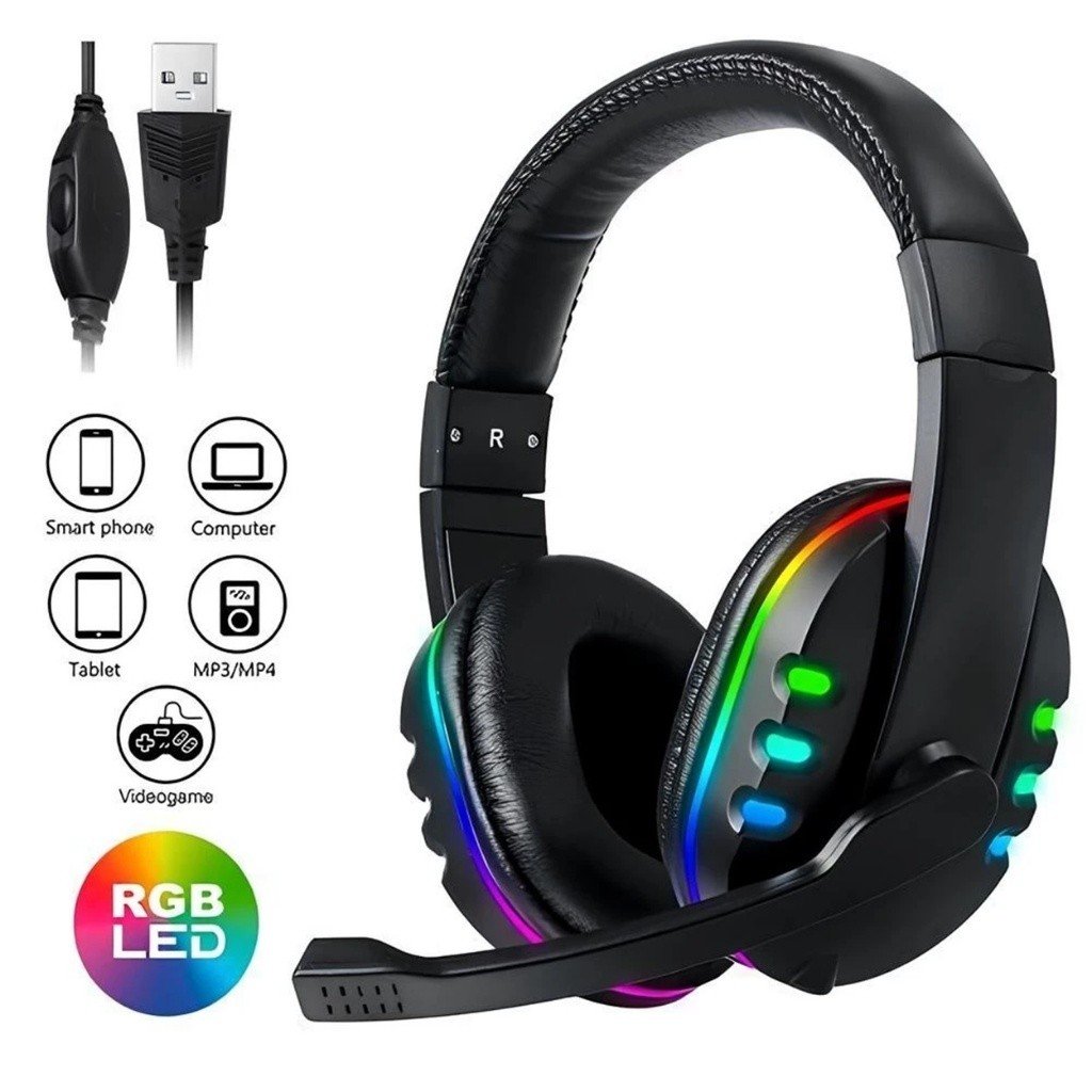 Headset Fone Gamer Led RGB com microfone USB e P2 Para PC Computador Celular Headphone Videogame
