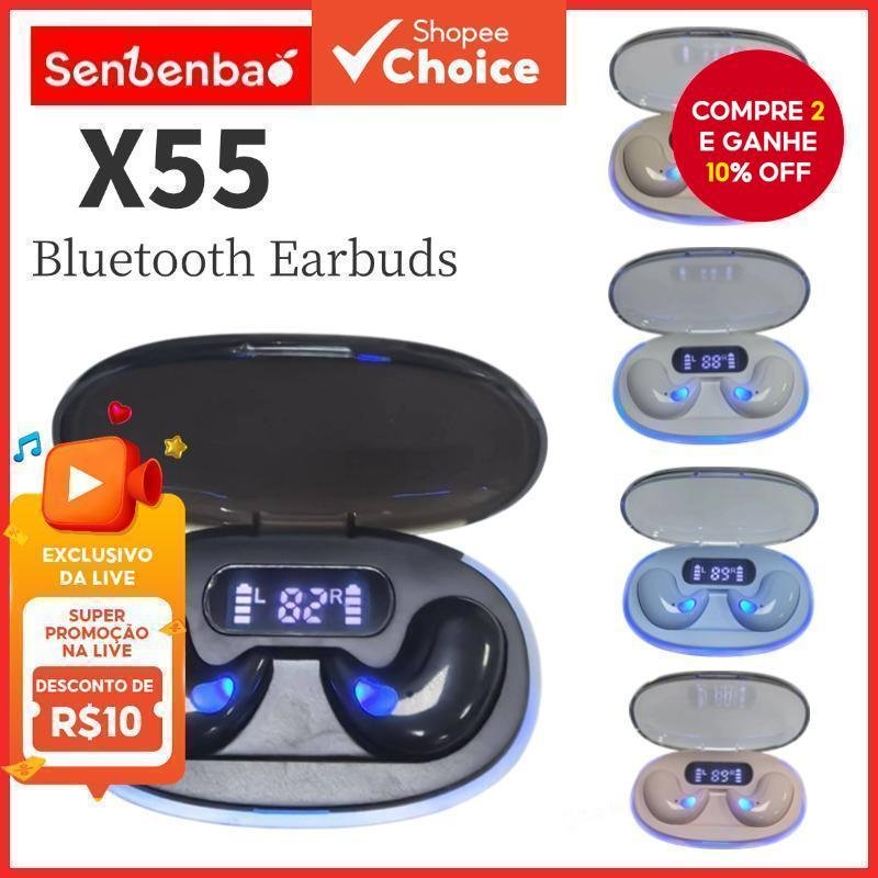 Senbenbao X55 Fones De Ouvido TWS Sleep Fone Sem Fio Bluetooth Display Led Hifi Estéreo Cancelamento De Ruído Esportivo