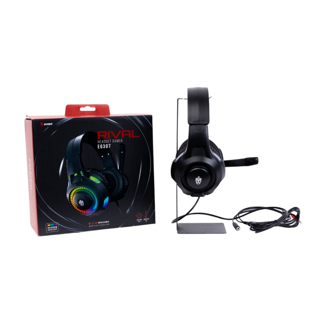 Evolut Rival EG-307 Headset Gamer RGB LED para PC, Computador e Videogame + Suporte Para Headphone Headset Gamer